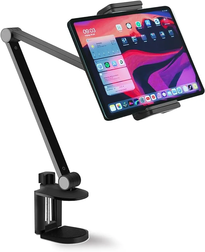 The adjustable yet sturdy mounting arm holds tablets, e-readers, and mobile phones. 