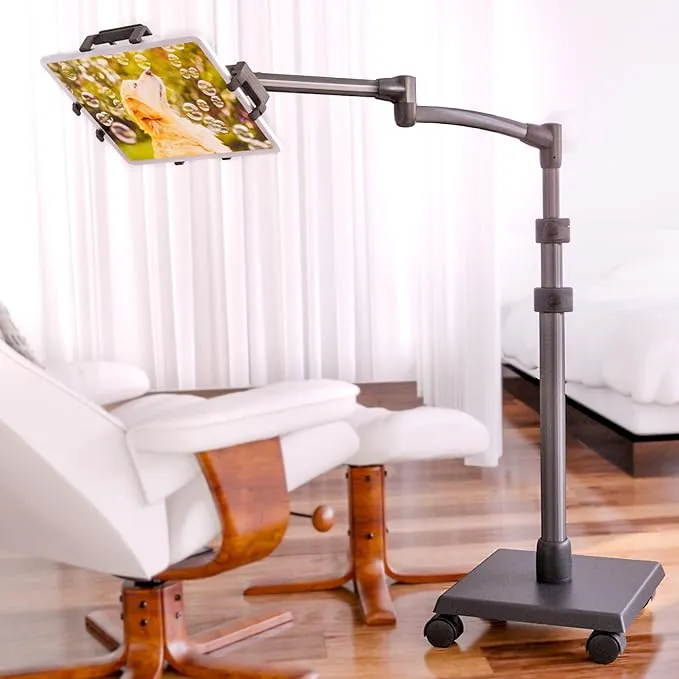 Heavy base tablet floor stands can securely handle any tablet or Kindles with maximum adjustable. 