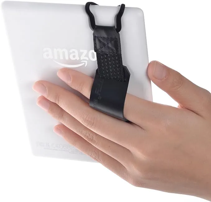 Simple yet effective Kindle holder with two Two-Hook straps and a leather thumb grip. 