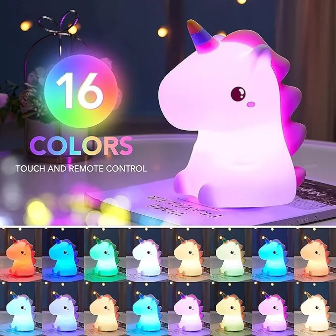 Unicorn Night Light for Kids, 16 Colors Kids Night Light, Rechargeable Battery Night Light, Silicone Cute Lamp, Tap Control Baby Night Light Kids Lamp Unicorn Gifts for Girls 0-10 age (Cute Mini Size)
