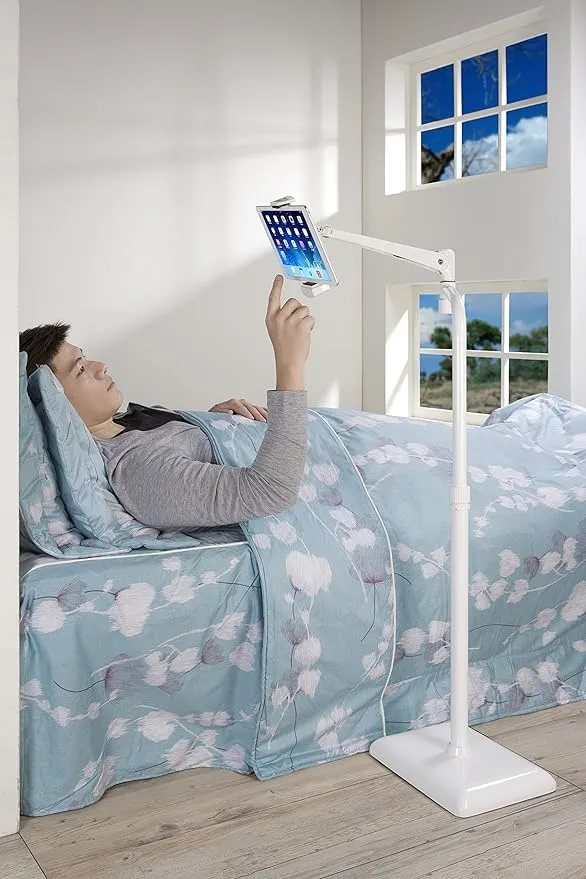 Height and angle are adjustable, which securely holds the tablet while you are lying in your bed