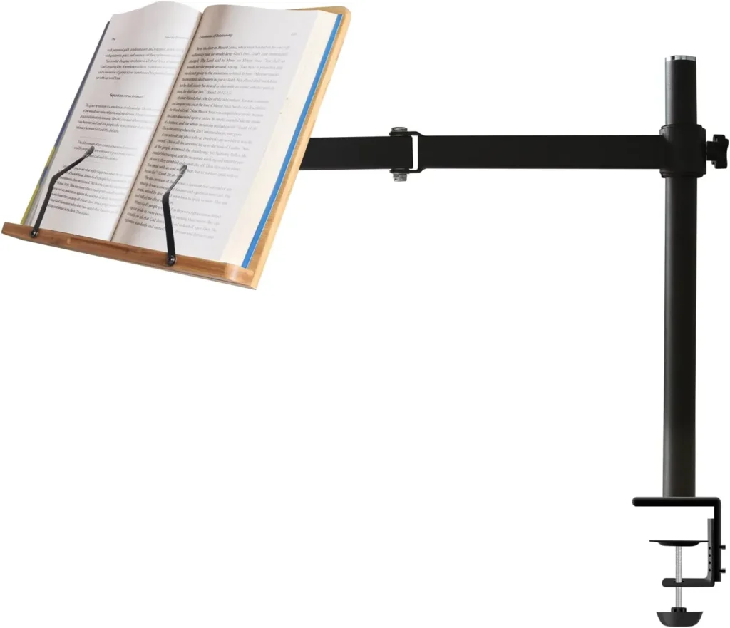 Book Stands Height Adjustable, wishacc Table Side Bamboo Reading Mount Holder with Clamp - Sturdy Desktop Cookbook Rest with Page Clips for Reading Hands...
