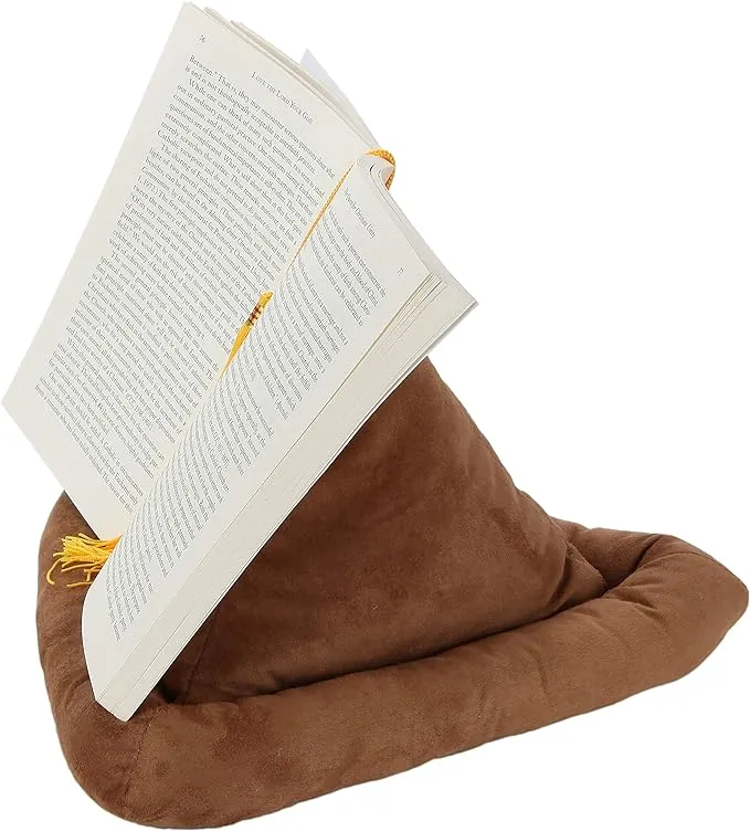 The pyramid pillow book holds books, e-readers, and tablets with two side pockets.